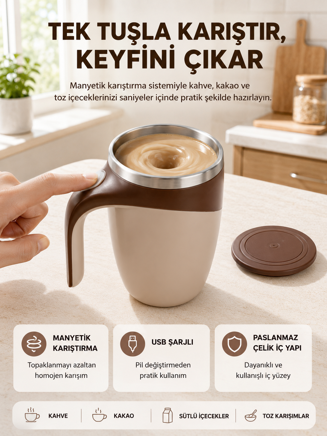 Manyetik Karıştırıcı Kupa USB Şarjlı Otomatik Karıştırma Çift Katmanlı - Lisinya