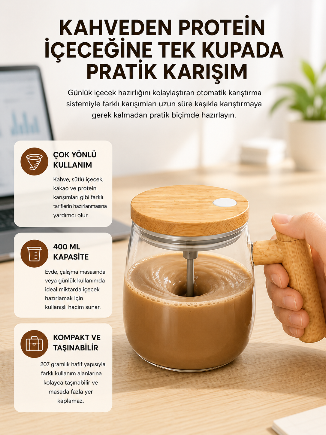 IP6 Su Geçirmez Şarjlı Kupa – 3D Karıştırma, 400 ml Yeni Nesil - Lisinya