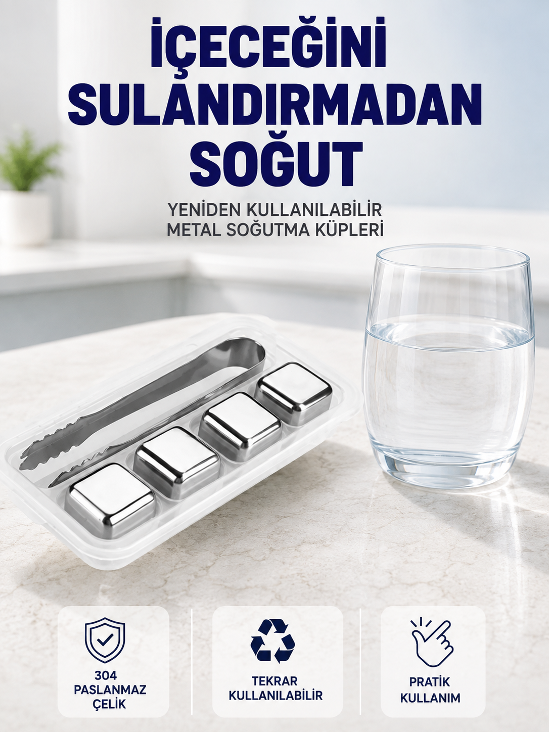 Paslanmaz Çelikten Üretilmiş Metal Buz Küpü Seti ve Buz Klipsi - Lisinya Paslanmaz Çelikten Üretilmiş Metal Buz Küpü Seti ve Buz Klipsi - Lisinya