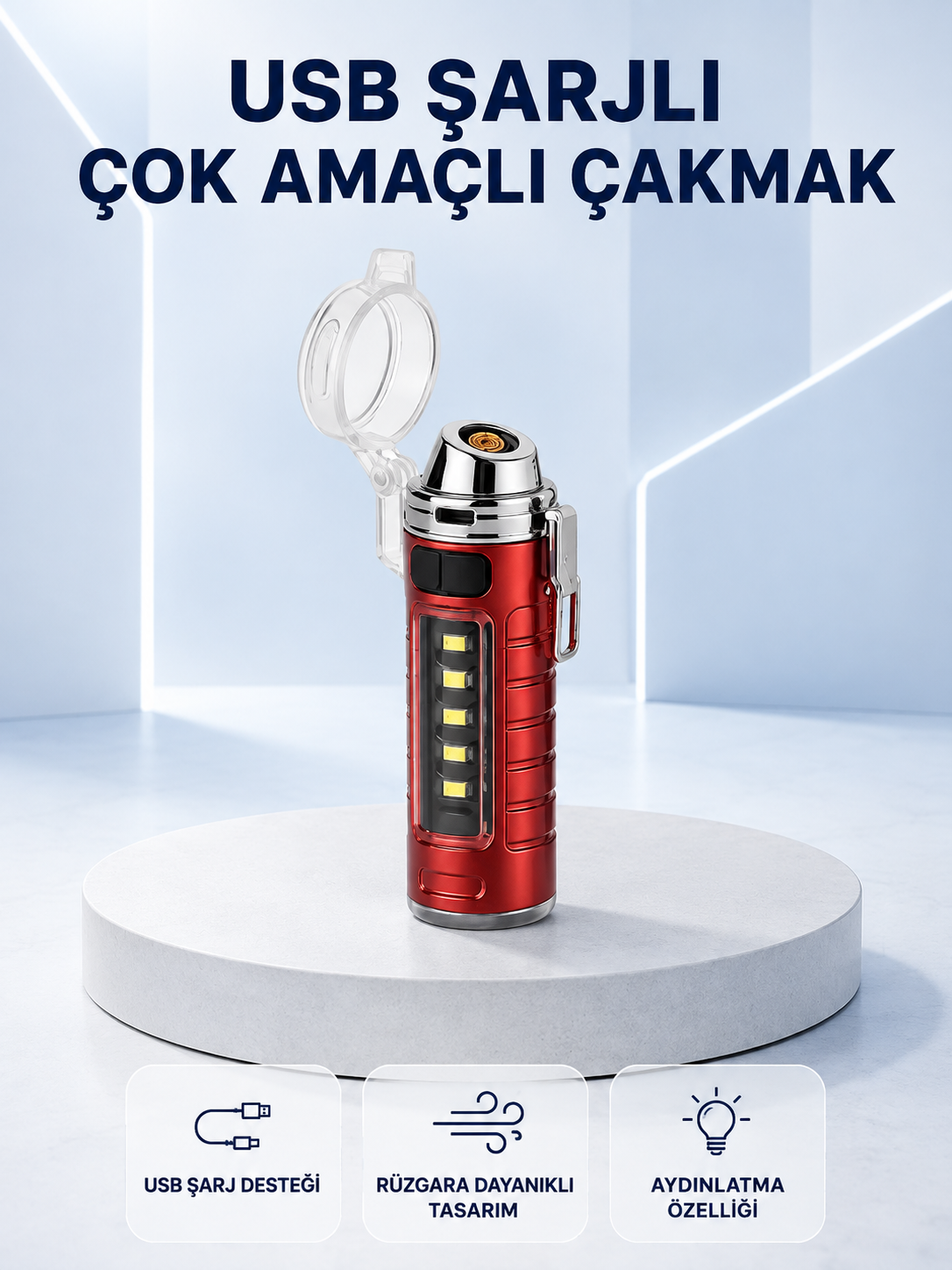 USB Şarjlı Rüzgar Geçirmez Elektrikli Çakmak El Fenerli - Lisinya