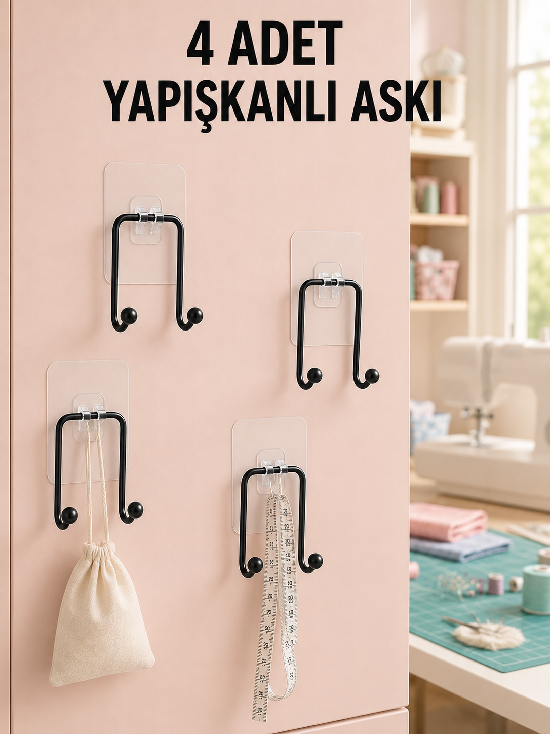 4 Adet Çok Amaçlı Yapışkanlı Askılık Ev Düzenleyici Duvar Askı Seti - Lisinya