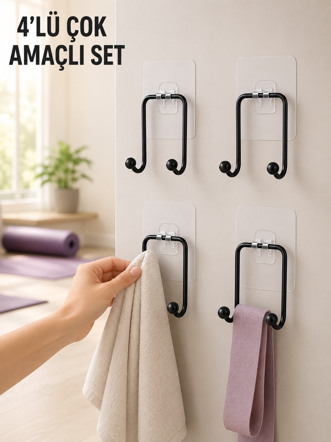 4'lü Duvar Tipi Yapışkanlı Askı Pratik Ev ve Banyo Askılık Seti - Lisinya