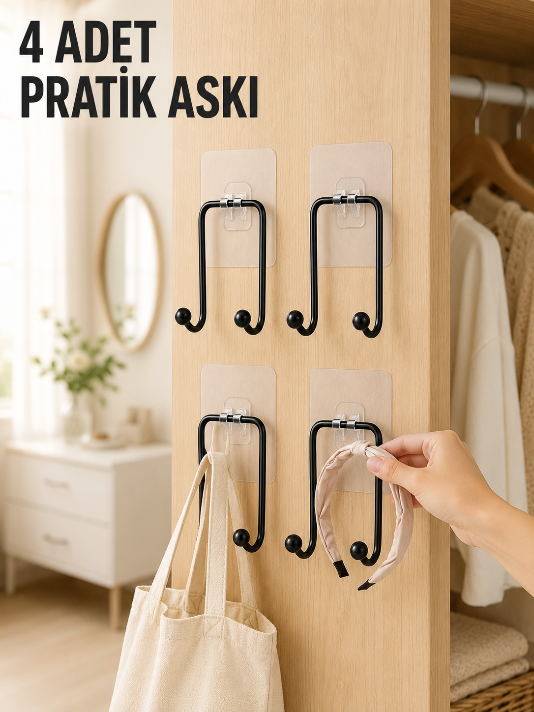 4 Adet Yapışkanlı Duvar Askısı Çok Amaçlı Pratik Askılık Seti - Lisinya