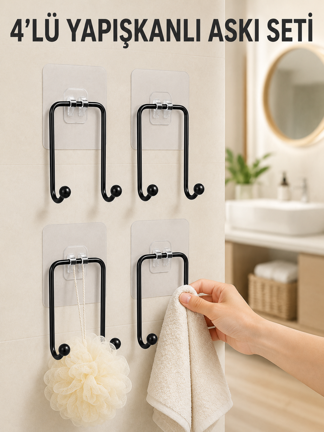 4'lü Yapışkanlı Askı Seti Mutfak Banyo ve Ev İçin Duvar Askısı - Lisinya