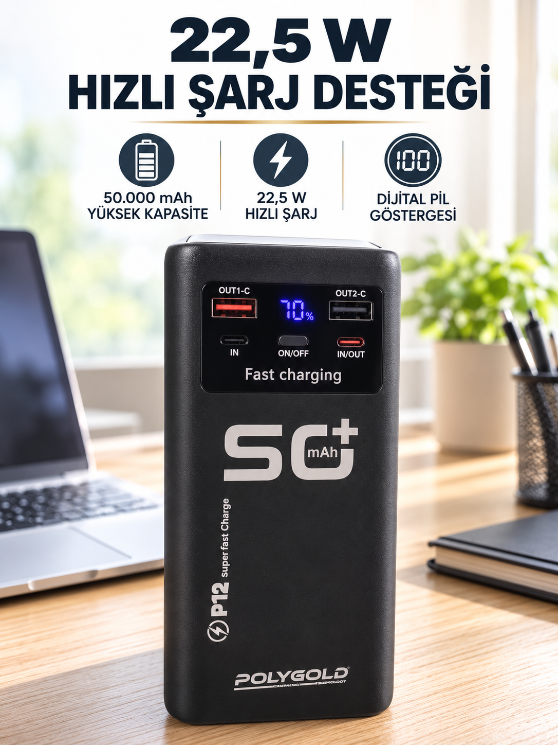 Yüksek Kapasiteli 50.000 mAh Powerbank 22,5 W Hızlı Şarj 4 Dahili Kablo LED Aydınlatma - Lisinya Yüksek Kapasiteli 50.000 mAh Powerbank 22,5 W Hızlı Şarj 4 Dahili Kablo LED Aydınlatma - Lisinya
