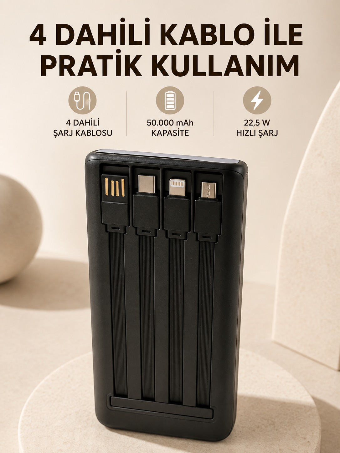 Hızlı Şarj Powerbank 50.000 mAh 4 Dahili Kablolu LED Aydınlatmalı Dijital Göstergeli Taşınabilir Batarya - Lisinya