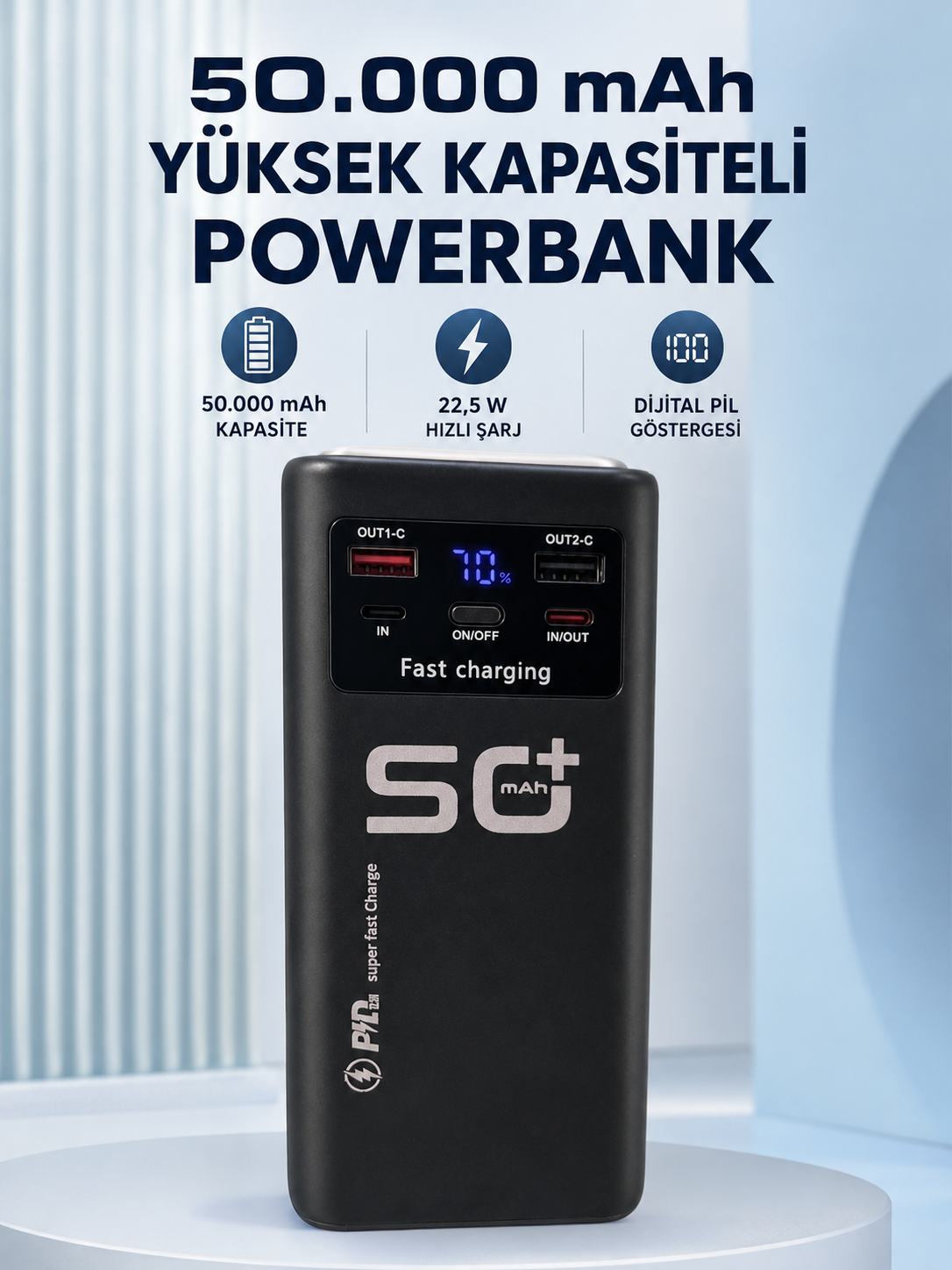 50.000 mAh Taşınabilir Powerbank 22,5 W Hızlı Şarj 4 Dahili Şarj Kablosu Dijital Ekran LED Aydınlatma ve Taşıma Sapı - Lisinya 50.000 mAh Taşınabilir Powerbank 22,5 W Hızlı Şarj 4 Dahili Şarj Kablosu Dijital Ekran LED Aydınlatma ve Taşıma Sapı - Lisinya