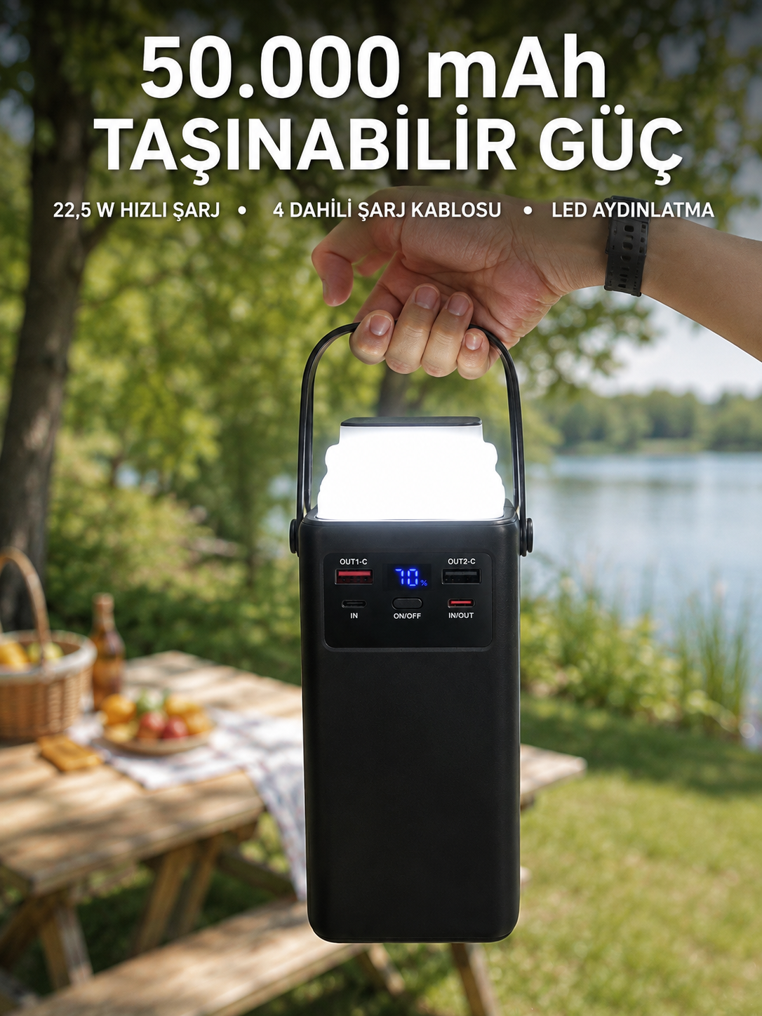 LED Aydınlatmalı Powerbank 50.000 mAh 22,5 W Hızlı Şarj 4 Dahili Kablolu Dijital Pil Göstergeli Batarya - Lisinya