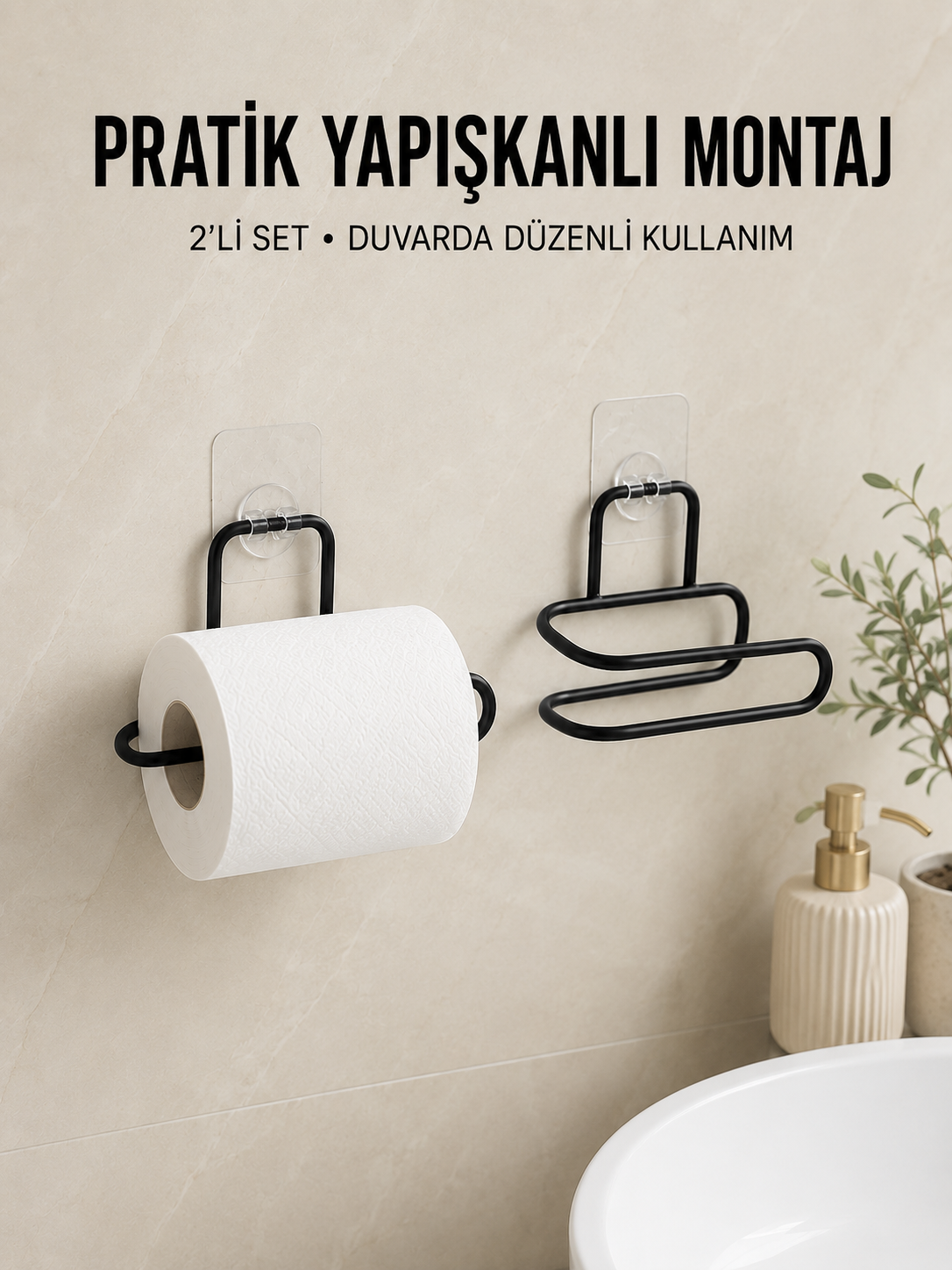 2 Adet Yapışkanlı WC Kağıtlık Siyah Metal Pratik Duvar Tipi Rulo Tutucu - Lisinya