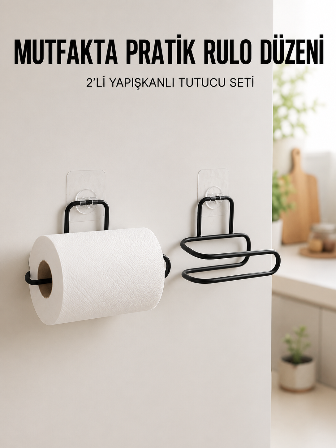 2’li Siyah Metal Rulo Kağıt Tutucu Yapışkanlı Banyo ve Mutfak Kağıtlık - Lisinya