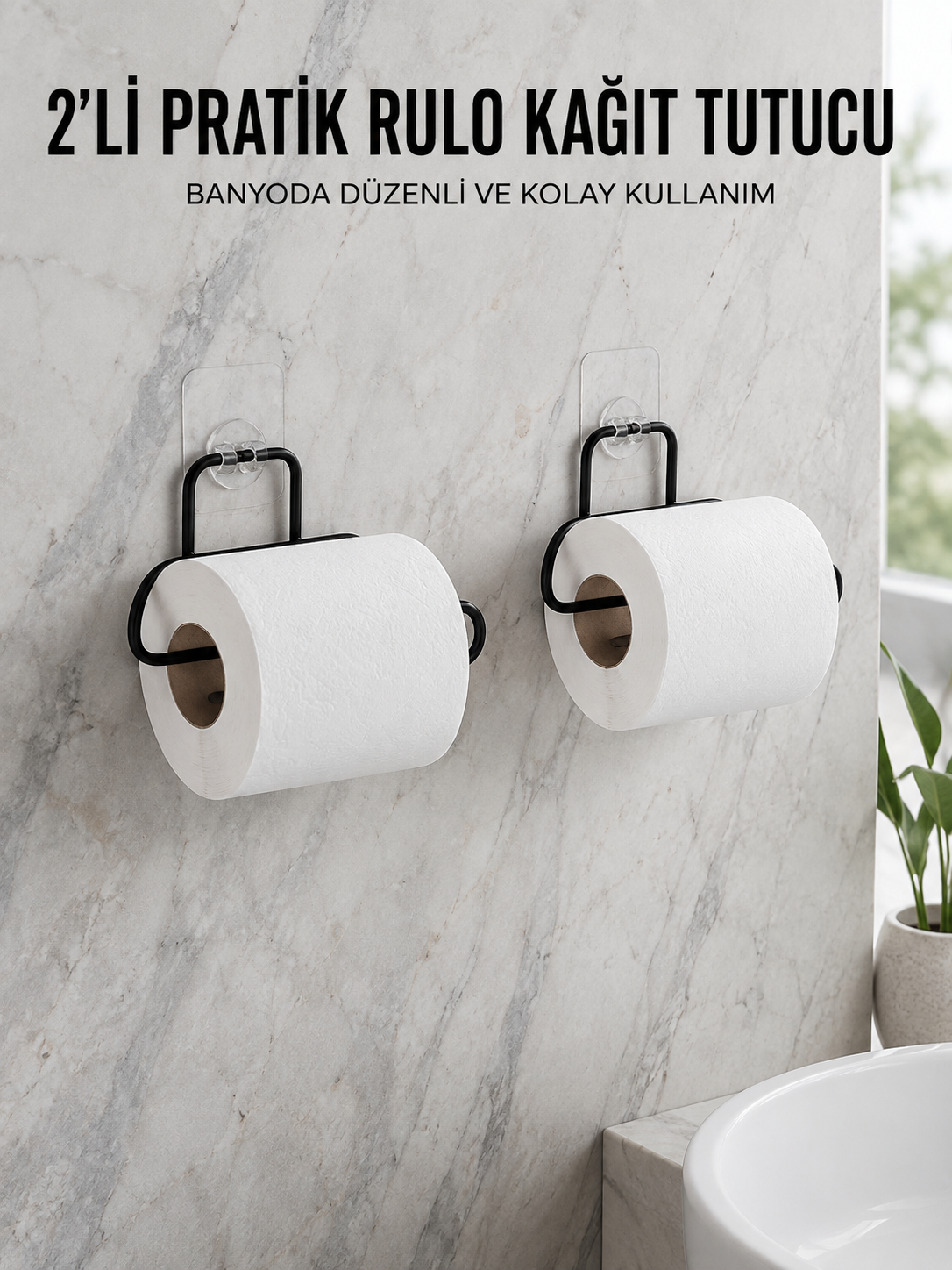 2 Adet Siyah Yapışkanlı Kağıtlık Duvar Tipi Tuvalet Kağıdı ve Rulo Tutucu - Lisinya