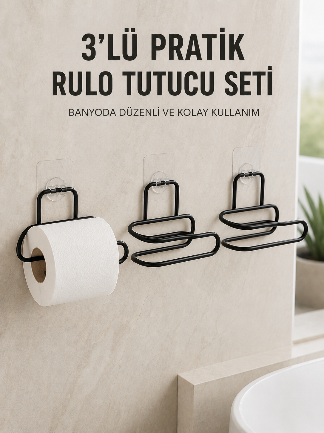 3’lü Yapışkanlı Tuvalet Kağıdı Tutucu Seti Siyah Duvar Tipi Rulo Kağıtlık - Lisinya