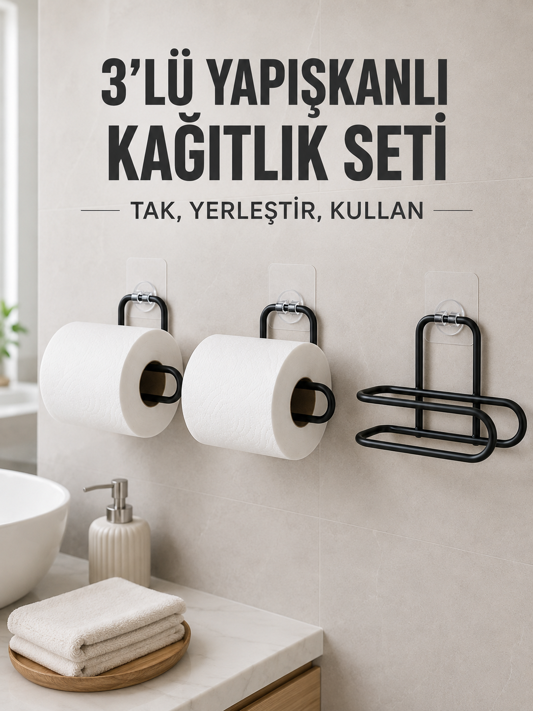 3’lü Siyah Duvar Tipi Kağıtlık Seti Yapışkanlı Pratik Rulo Tutucu - Lisinya