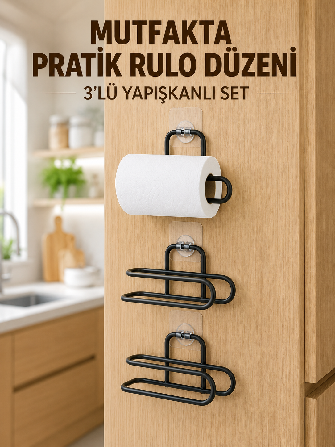 3’lü Yapışkanlı WC Kağıtlığı Siyah Rulo Tutucu Banyo ve Mutfak Kullanımı - Lisinya