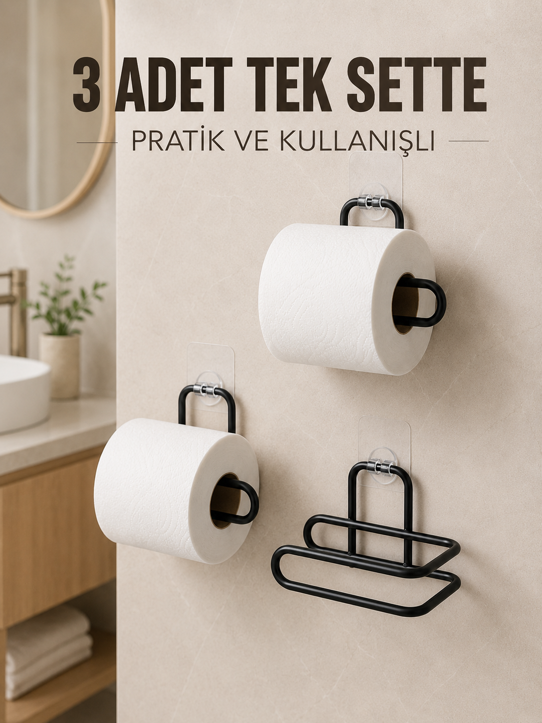3 Adet Siyah Rulo Kağıt Tutucu Yapışkanlı Duvar Tipi Pratik Kağıtlık Seti - Lisinya