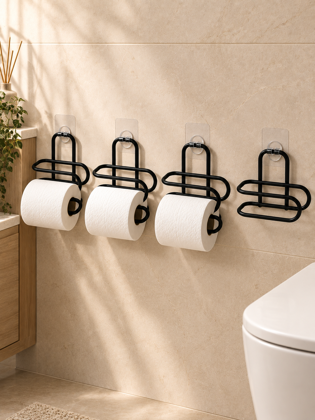 Delmeden Monte Tuvalet Kağıdı Askısı Siyah Metal Yapışkanlı Banyo Kağıtlığı 4’lü Set - Lisinya