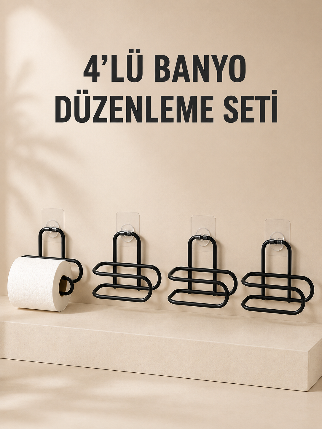 4 Adet Yapışkanlı Tuvalet Kağıdı Askısı Siyah Metal Delmeden Duvara Monte WC Kağıtlık - Lisinya