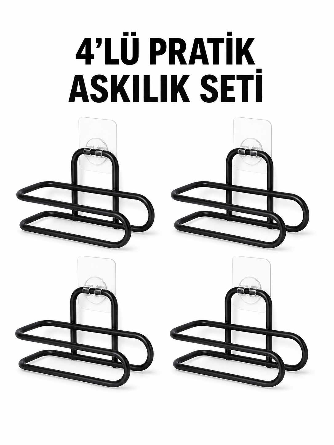 Siyah Metal WC Kağıtlık Yapışkanlı Duvar Tipi Tuvalet Kağıdı Tutucu Seti 4 Adet - Lisinya