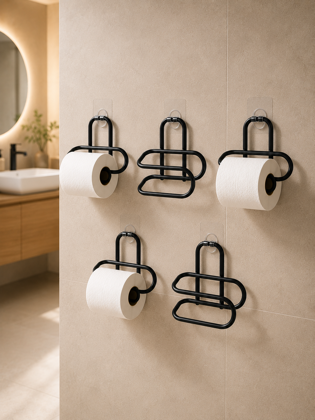 Delmeden Monte Tuvalet Kağıdı Askısı Siyah Metal Yapışkanlı Banyo Kağıtlığı 5’li Set - Lisinya