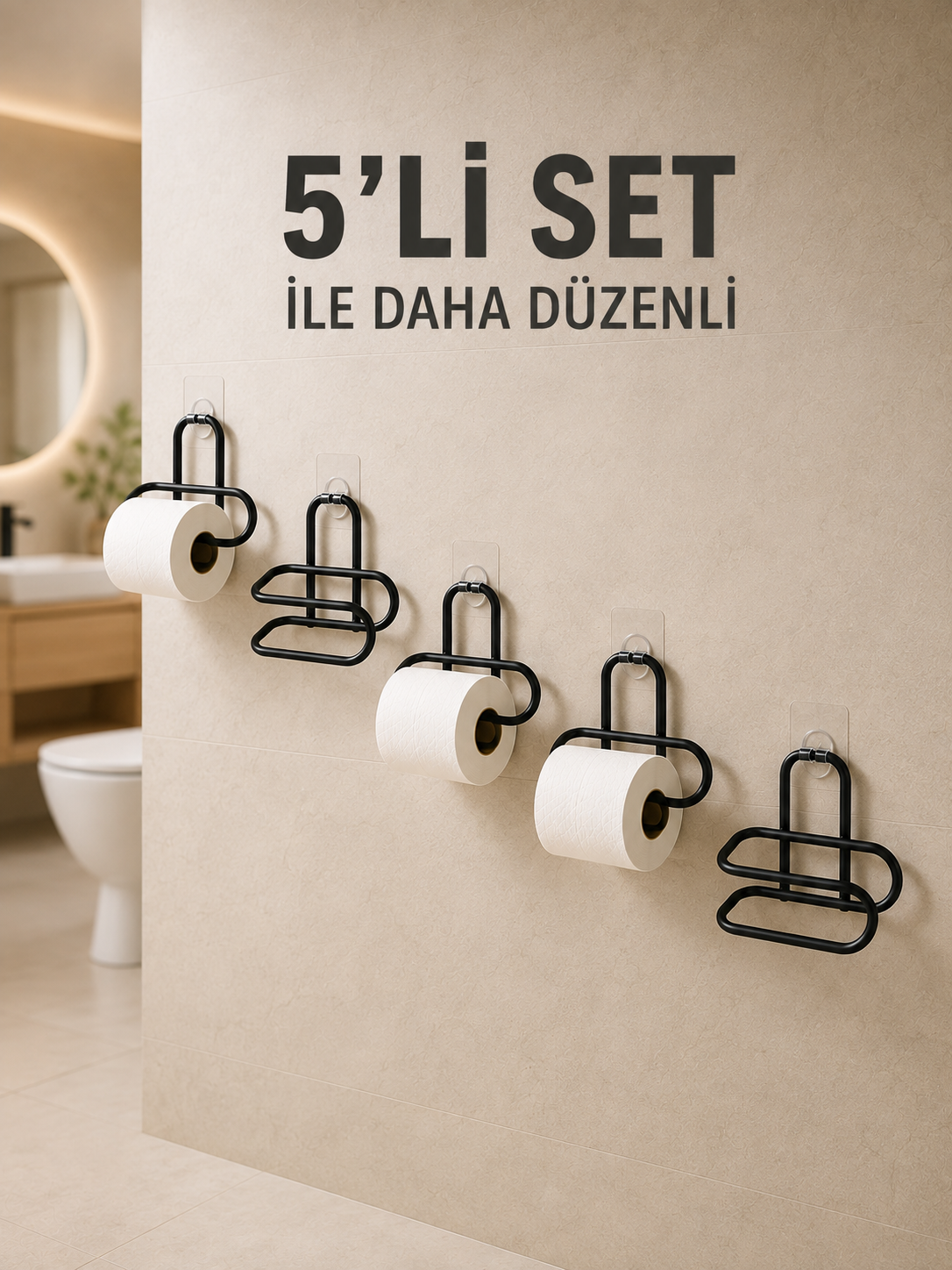 Yapışkanlı Tuvalet Kağıdı Askısı Siyah Metal Delmeden Montaj WC Kağıtlık 5 Adet - Lisinya