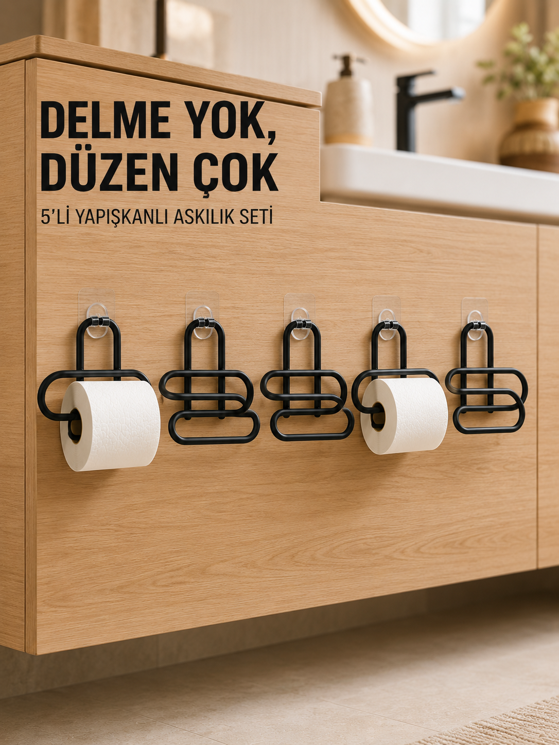 Siyah Metal Tuvalet Kağıdı Tutucu 5’li Set Yapışkanlı Duvar Tipi Banyo WC Askısı - Lisinya