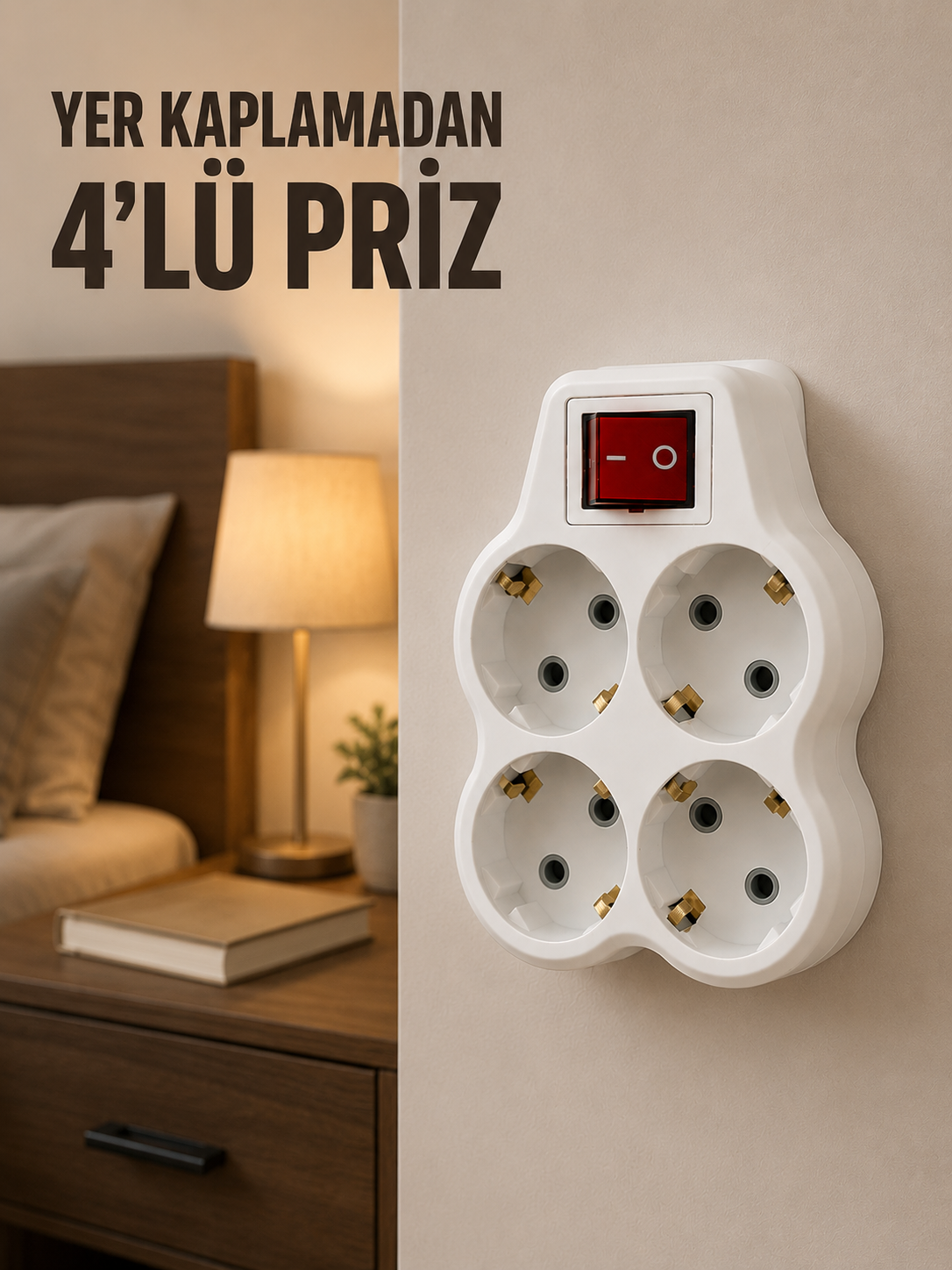 4’lü Priz Çoğaltıcı Açma Kapama Anahtarlı Kablosuz Duvar Tipi Priz Adaptörü - Lisinya 4’lü Priz Çoğaltıcı Açma Kapama Anahtarlı Kablosuz Duvar Tipi Priz Adaptörü - Lisinya