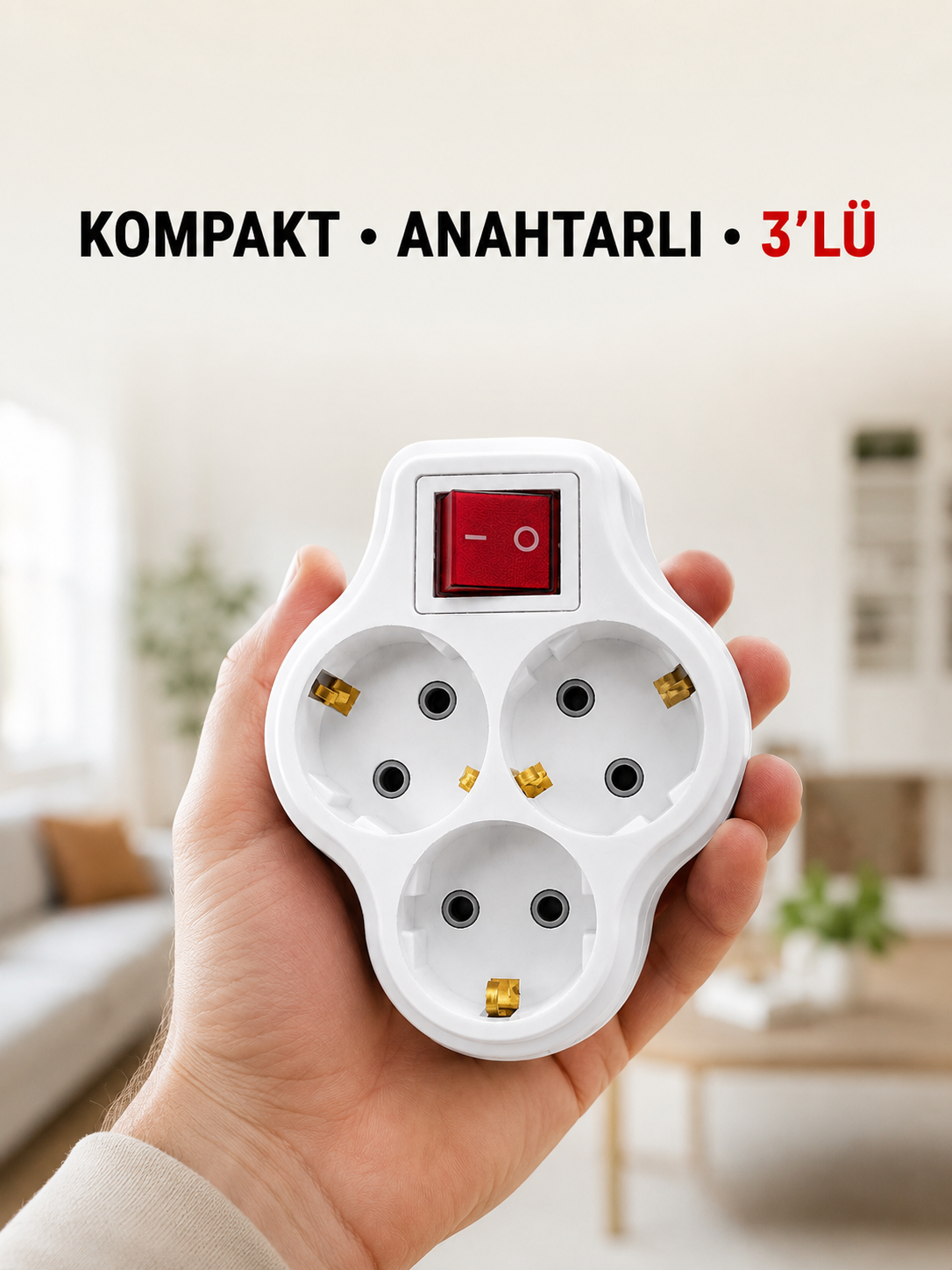 Anahtarlı 3’lü Priz Çoğaltıcı Kablosuz Duvar Tipi Topraklı Priz Çoklayıcı - Lisinya