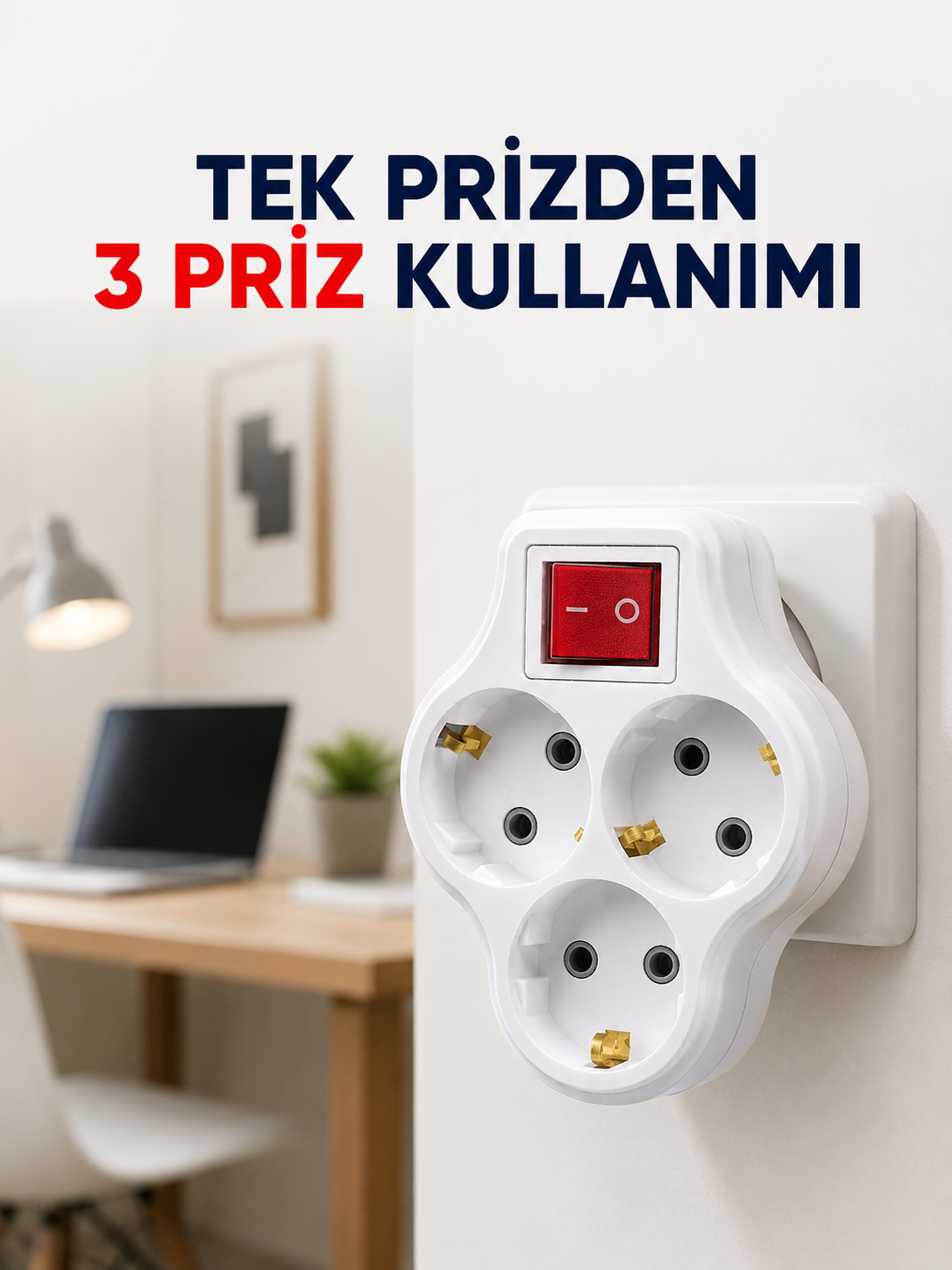Tek Prizi 3’lü Yapan Anahtarlı Priz Adaptörü Topraklı Priz Çoğaltıcı - Lisinya