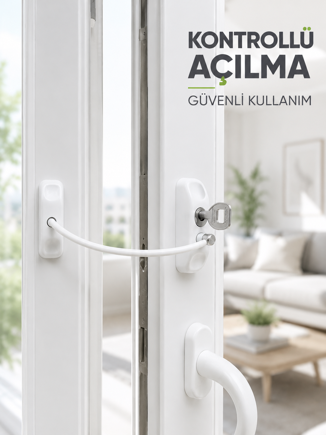 Beyaz Kablolu Pencere Kilidi Anahtarlı Güvenlik Sistemi Çocuk Koruma Aparatı - Lisinya