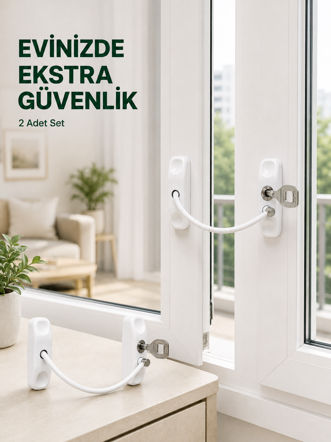 Çocuk Güvenliği İçin Kablolu Pencere Kilidi Anahtarlı Emniyet Aparatı 2 Adet - Lisinya