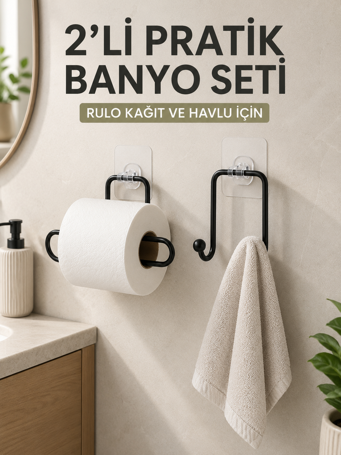 2’li Yapışkanlı Banyo Düzenleme Seti Rulo Kağıt Tutucu ve Havlu Askılığı - Lisinya