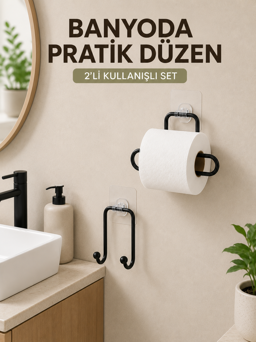 Vidasız Banyo Seti Yapışkanlı Tuvalet Kağıdı Tutucu ve Havlu Askısı 2’li Set - Lisinya