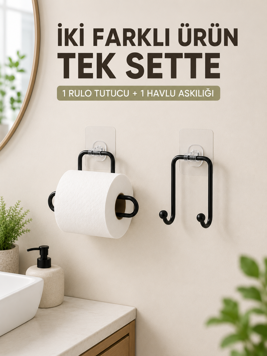 Pratik Yapışkanlı Rulo Kağıtlık ve Havlu Bez Askılığı 2 Parça Düzenleyici Set - Lisinya