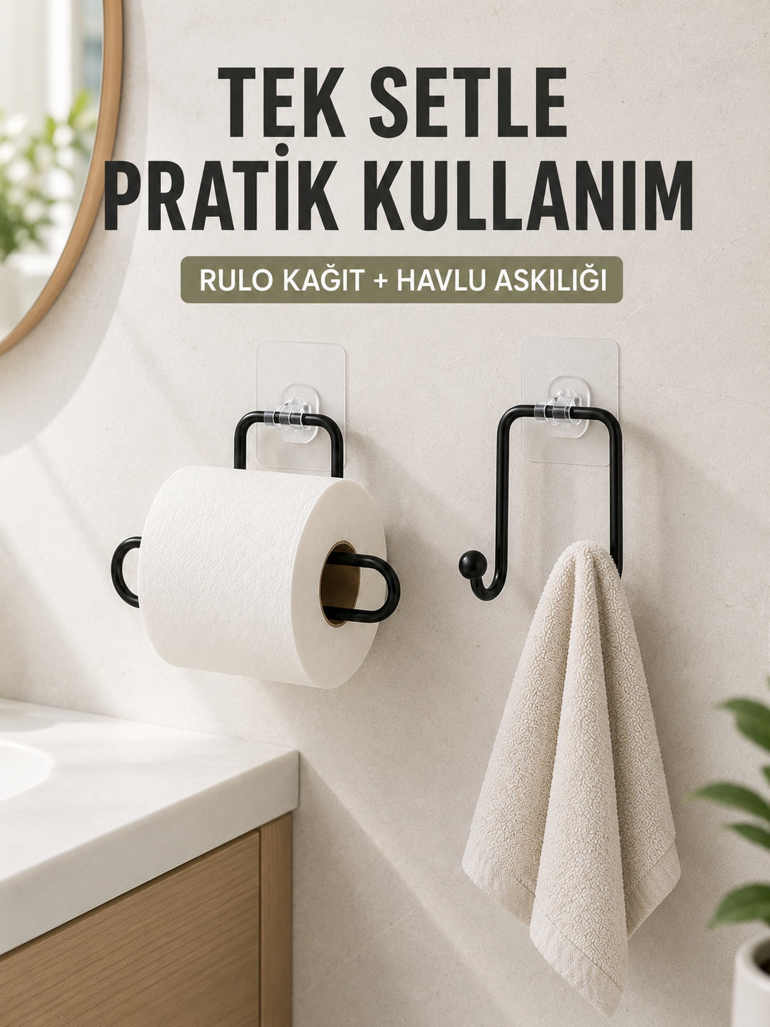 Banyo ve Mutfak İçin Yapışkanlı Havlu Askılığı ve Rulo Kağıt Tutucu Set - Lisinya