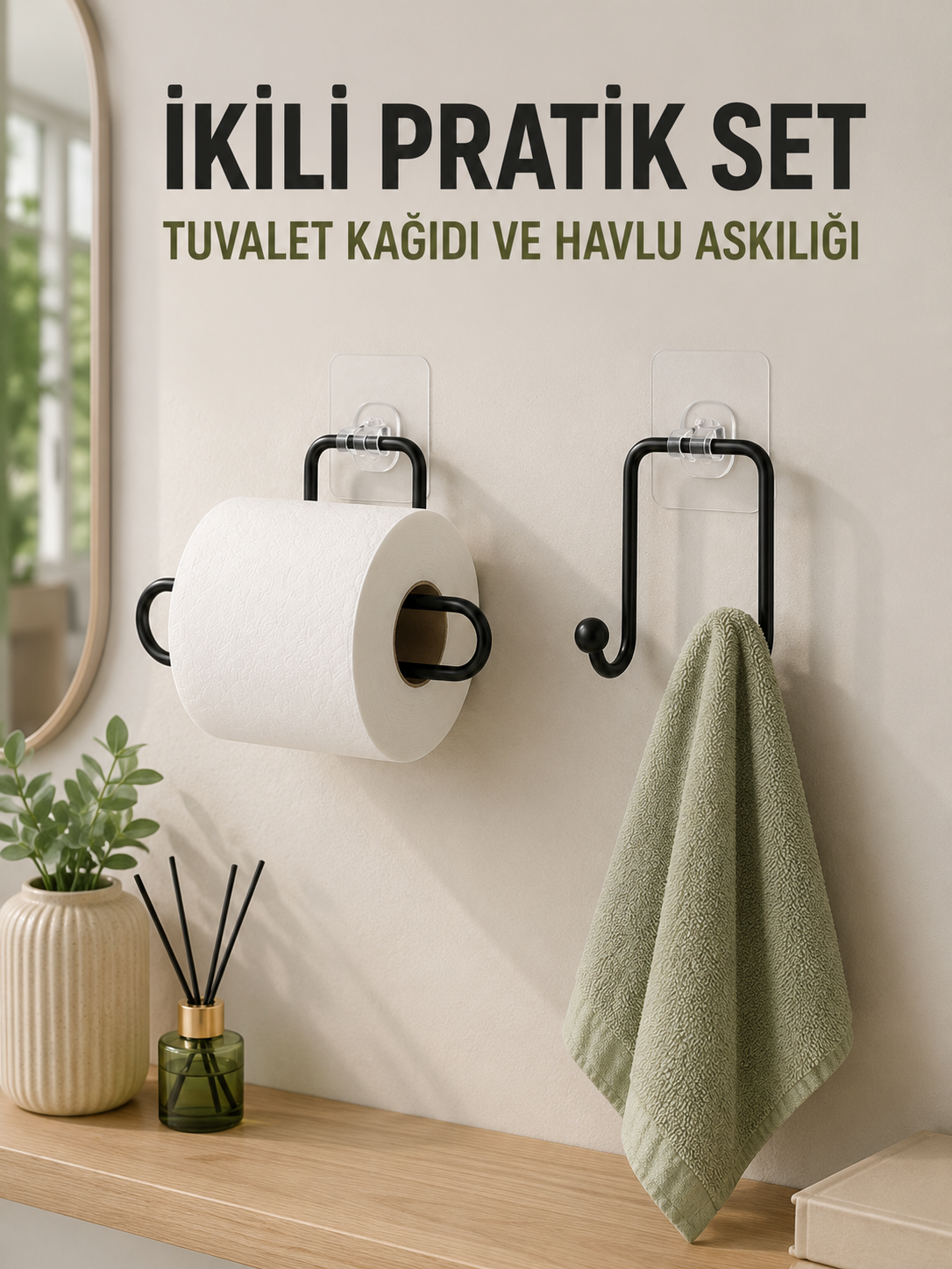 Duvara Yapışkanlı 2’li Düzenleme Seti Havlu Askısı ve Tuvalet Kağıdı Tutucu - Lisinya Duvara Yapışkanlı 2’li Düzenleme Seti Havlu Askısı ve Tuvalet Kağıdı Tutucu - Lisinya