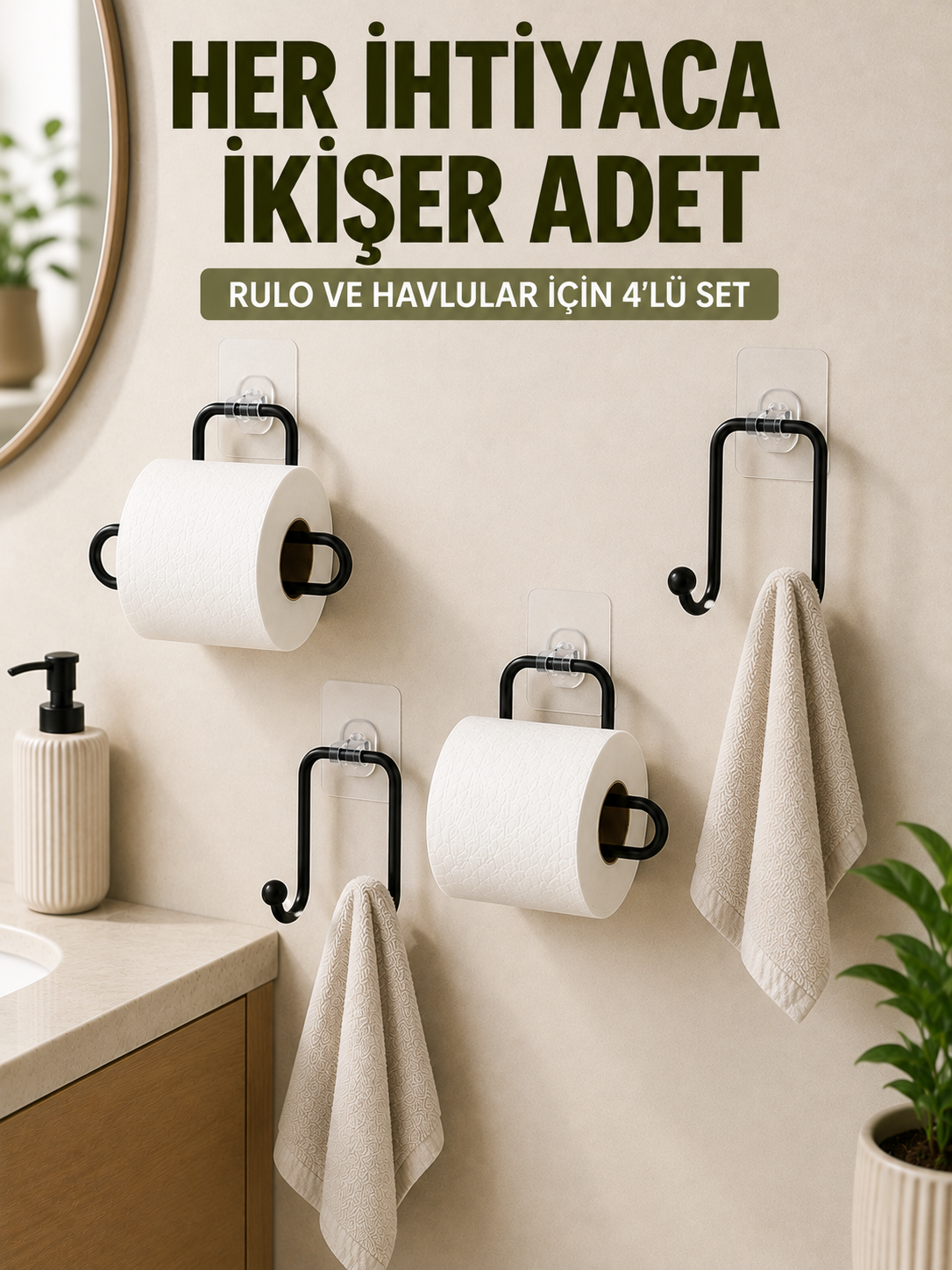 Yapışkanlı Banyo Düzenleme Seti 2 Rulo Tutucu 2 Havlu Askılığı 4 Parça - Lisinya