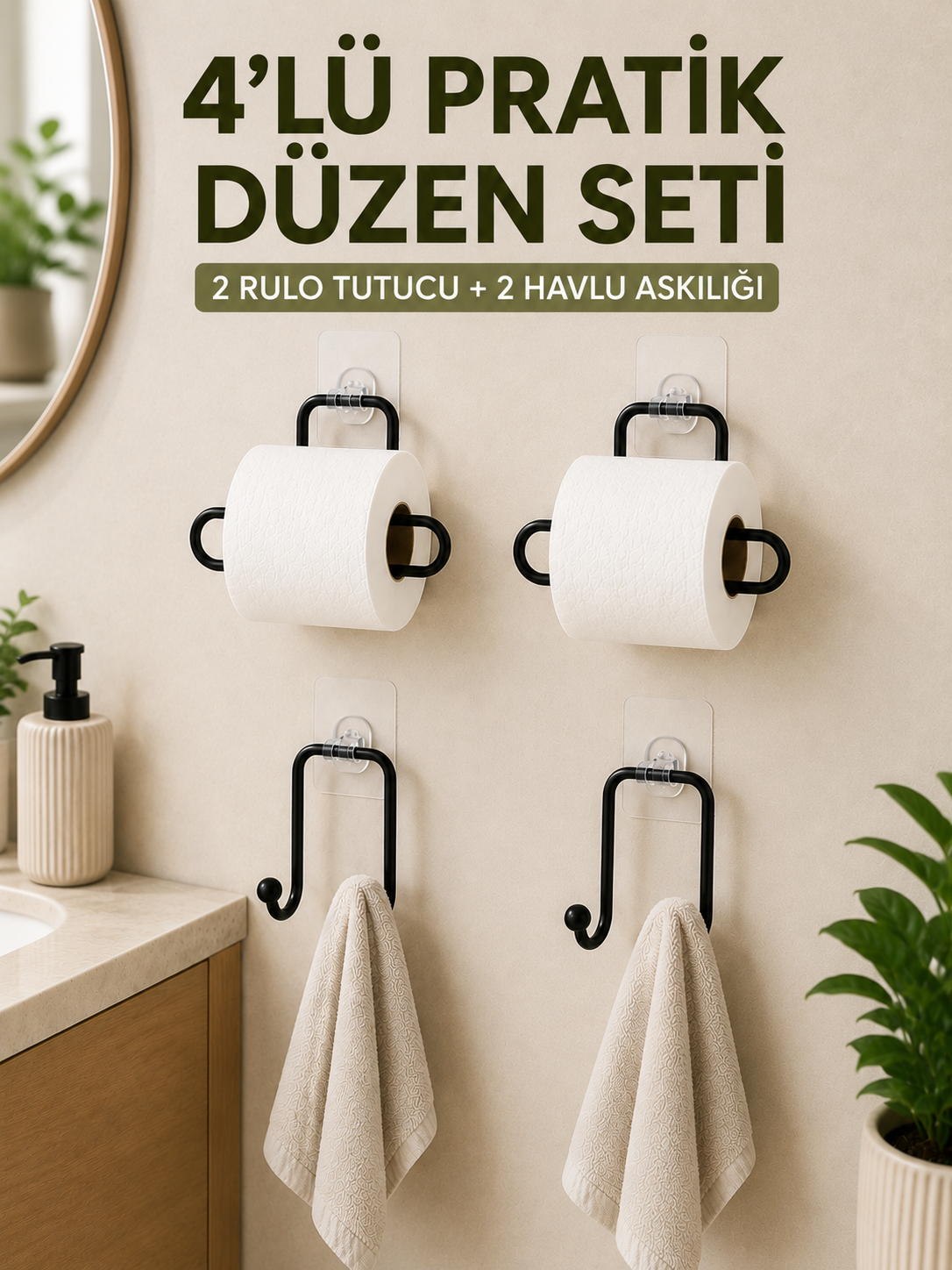 Duvara Yapışkanlı Rulo Kağıtlık ve Havlu Askılığı 2’şer Adet 4’lü Set - Lisinya Duvara Yapışkanlı Rulo Kağıtlık ve Havlu Askılığı 2’şer Adet 4’lü Set - Lisinya