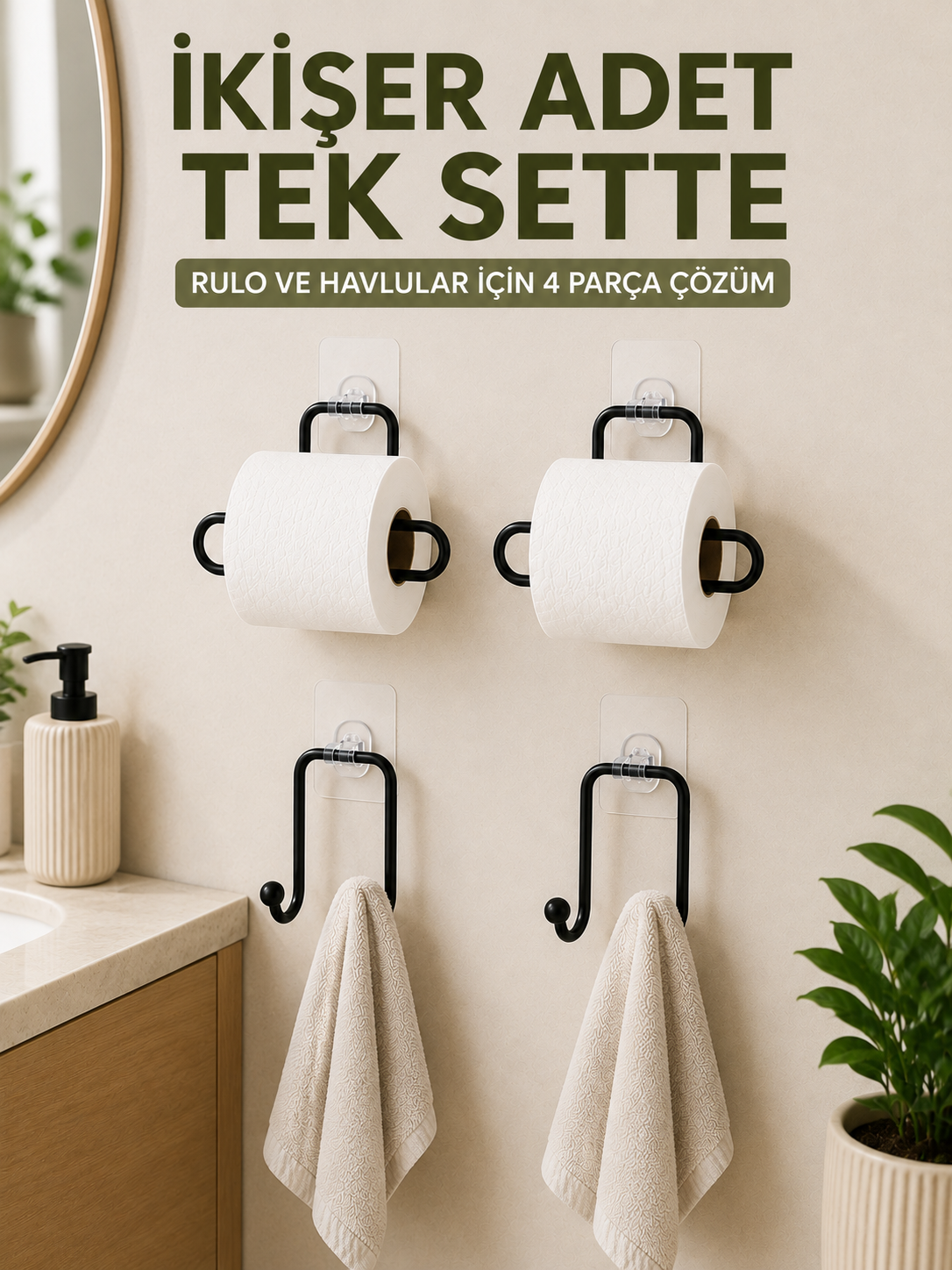 Rulo Kağıt Tutucu ve Havlu Bez Askılığı Seti 2’şer Adet Toplam 4 Parça - Lisinya