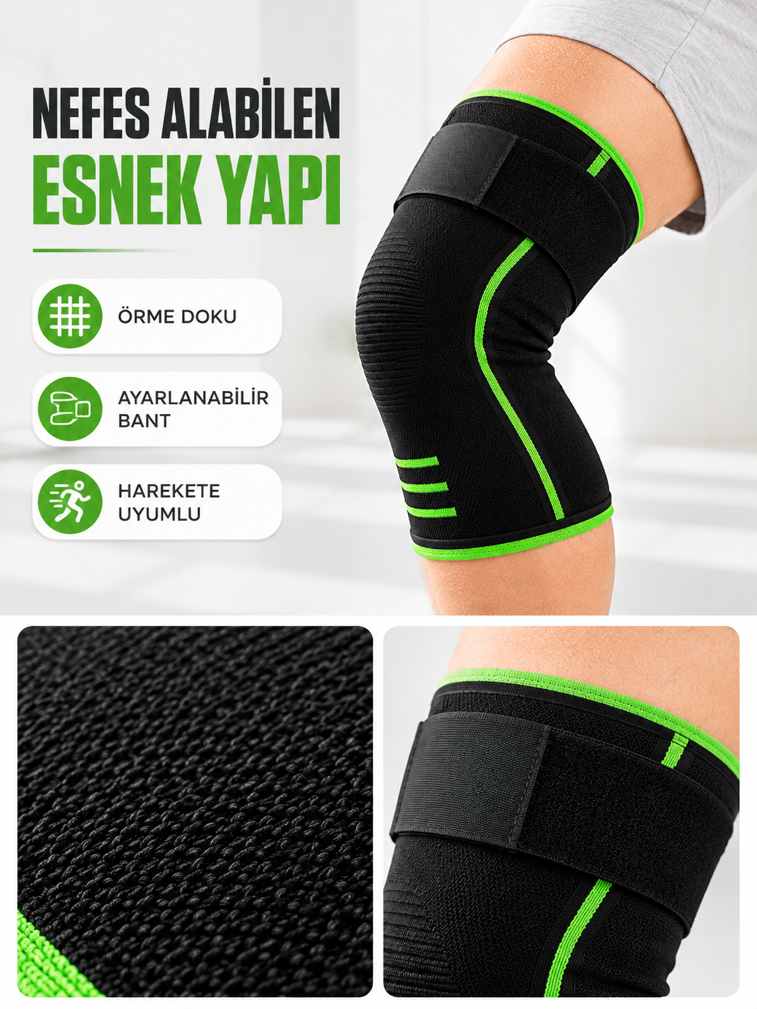 Sporcu Dizliği Siyah Yeşil Esnek Nefes Alabilen Destek Bantlı Dizlik - Lisinya Sporcu Dizliği Siyah Yeşil Esnek Nefes Alabilen Destek Bantlı Dizlik - Lisinya