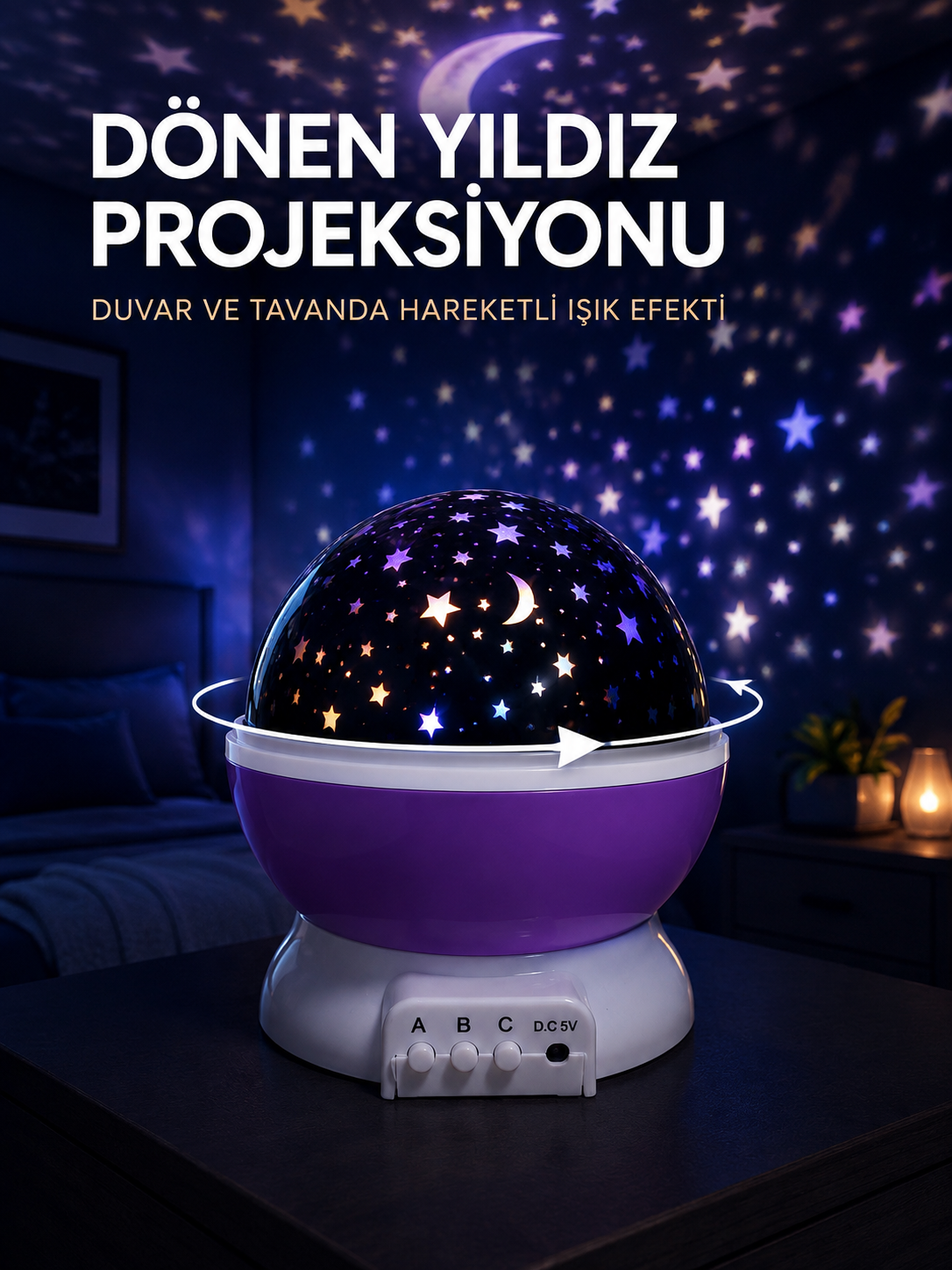 Yıldız Projeksiyon Lambası Döner Başlıklı Renkli Çocuk Odası Gece Işığı - Lisinya