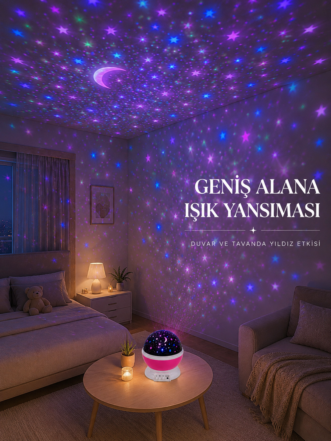 Yıldızlı Gökyüzü Projektörü Pembe Renkli Döner Çocuk Odası Gece Lambası - Lisinya