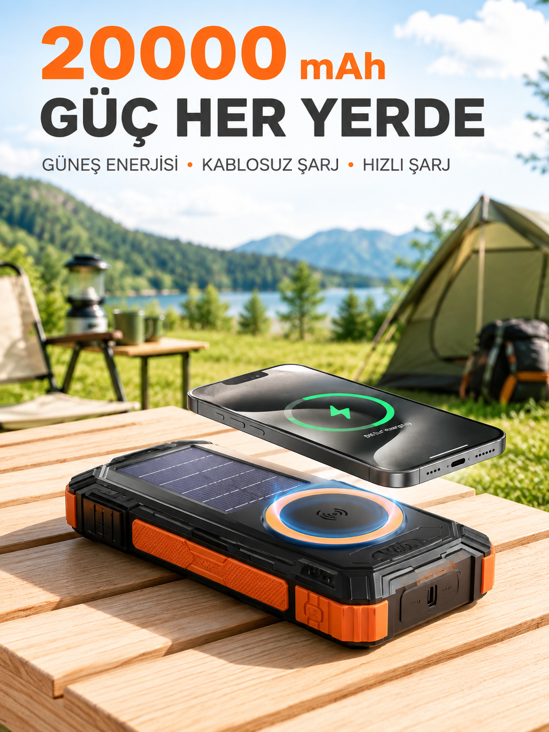 20000 mAh Powerbank Güneş Enerjili Kablosuz Şarj Hızlı Şarj Taşınabilir Batarya - Lisinya 20000 mAh Powerbank Güneş Enerjili Kablosuz Şarj Hızlı Şarj Taşınabilir Batarya - Lisinya
