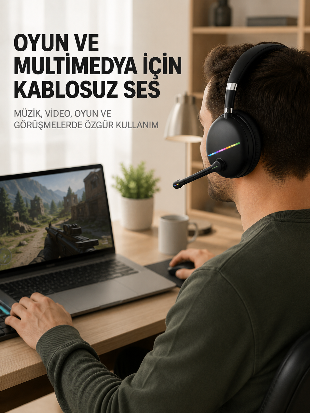 Bluetooth 5.0 RGB Işıklı Mikrofonlu Kablosuz Kulak Üstü Kulaklık - Lisinya
