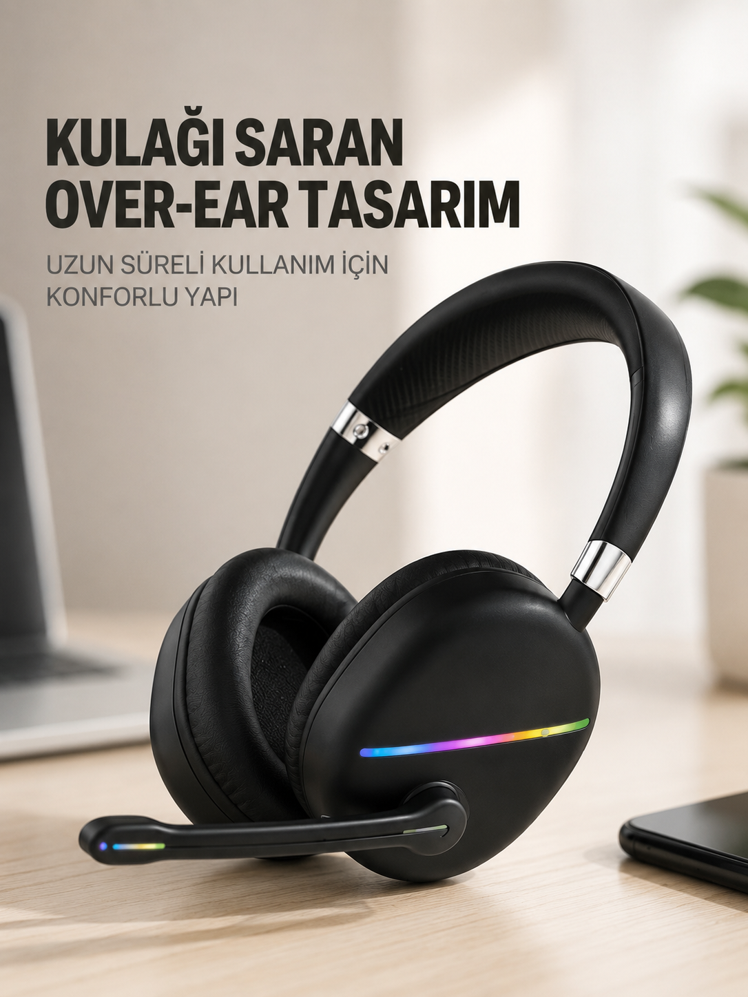 RGB Işıklı Bluetooth Mikrofonlu Kulaklık Uzun Süreli Kullanım Type-C Şarjlı - Lisinya