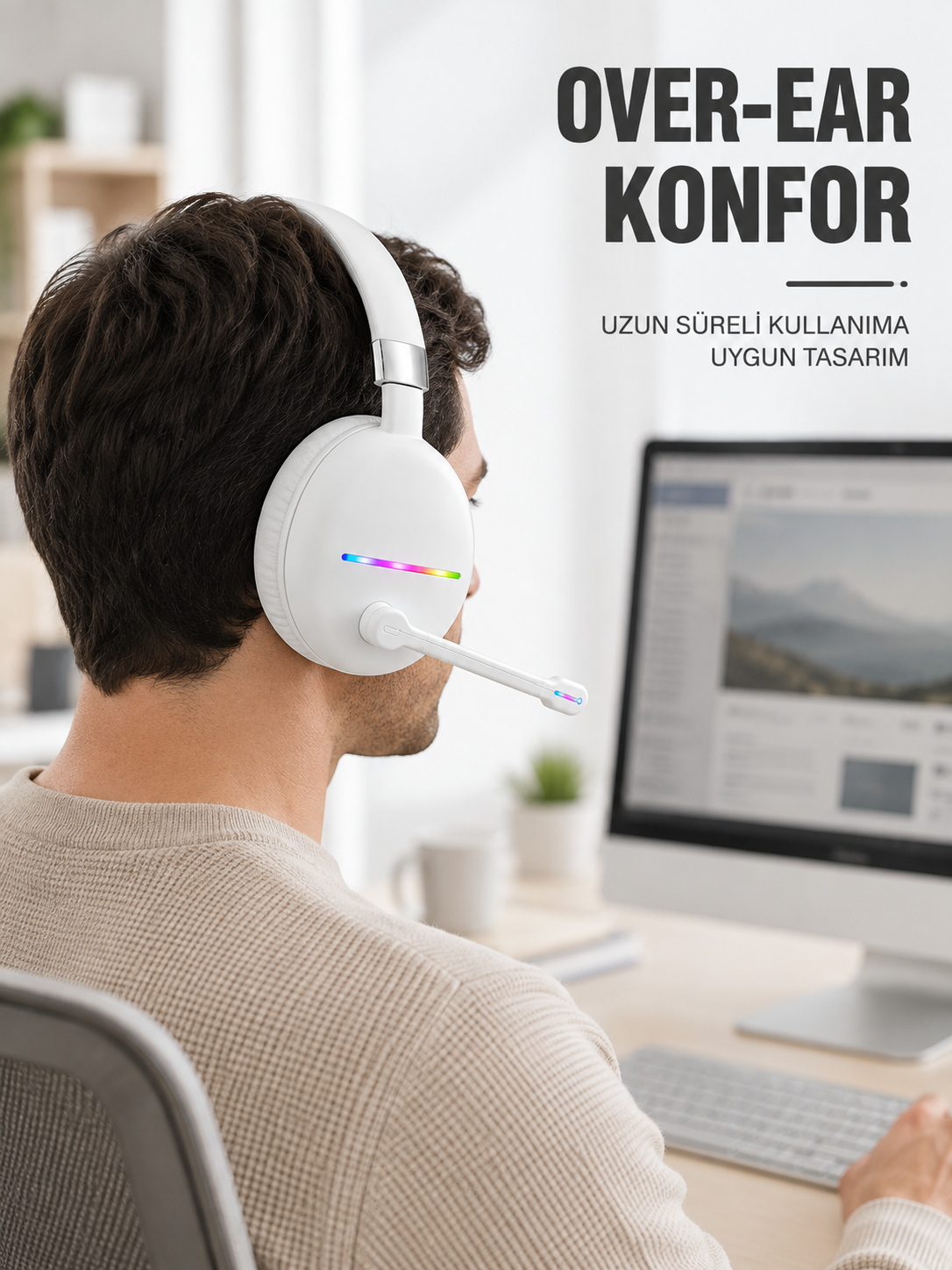 Beyaz Bluetooth 5.0 Mikrofonlu Kablosuz Kulak Üstü Kulaklık RGB Işıklı Type-C Şarjlı - Lisinya