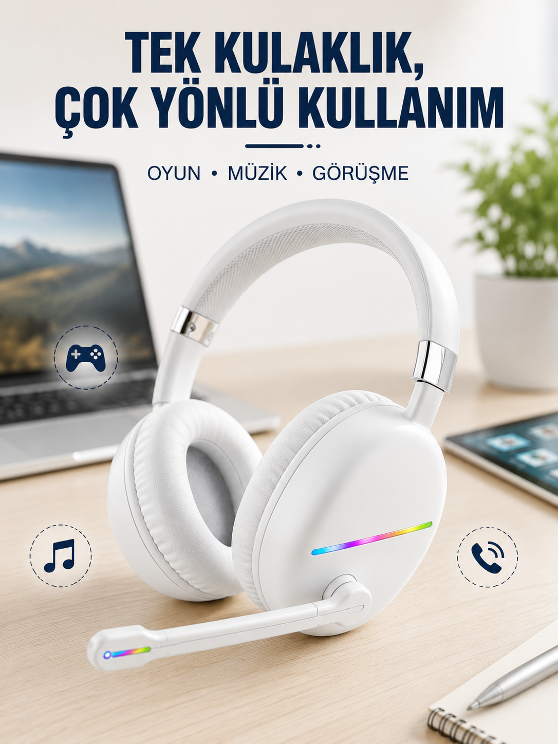 Beyaz Kablosuz Bluetooth Kulaklık Mikrofonlu Ergonomik Kulak Üstü Tasarım - Lisinya