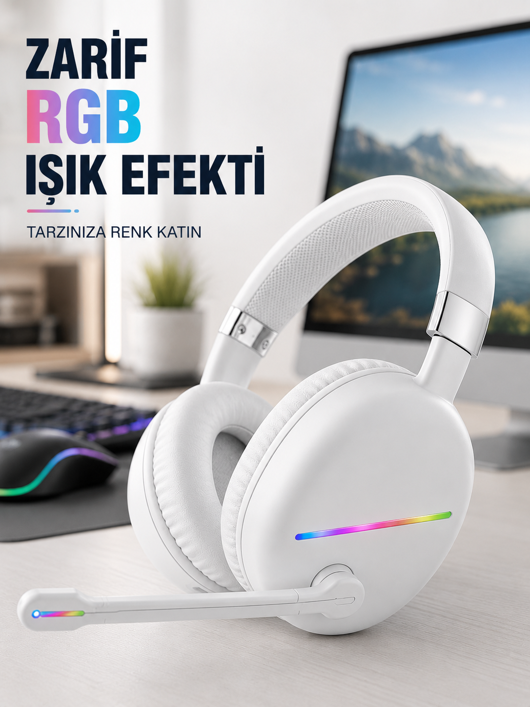 Bluetooth 5.0 Beyaz Kulak Üstü Kablosuz Kulaklık Mikrofonlu RGB Aydınlatmalı - Lisinya