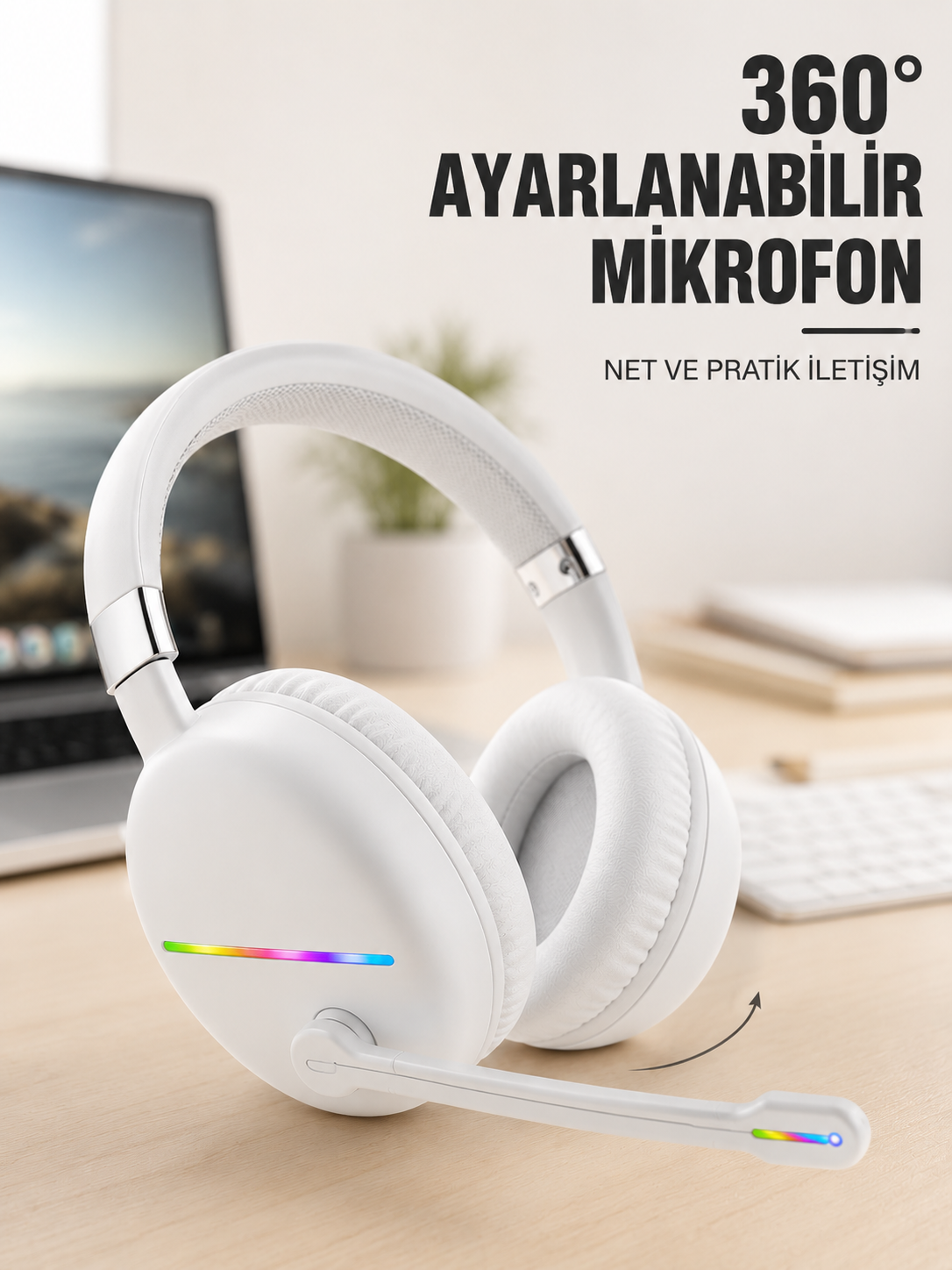 RGB Işıklı Mikrofonlu Bluetooth Kulaklık Beyaz Over-Ear Tasarım Type-C Şarjlı - Lisinya