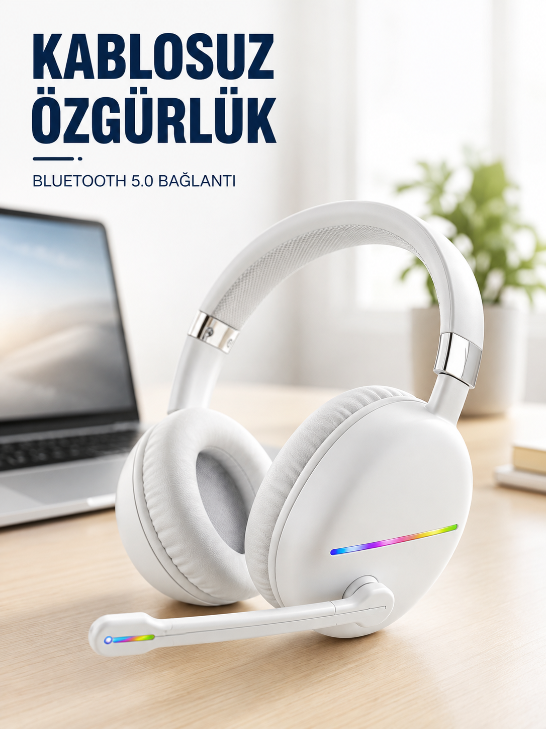 Kablosuz Bluetooth Mikrofonlu Beyaz Kulaklık  RGB Işıklı - Lisinya