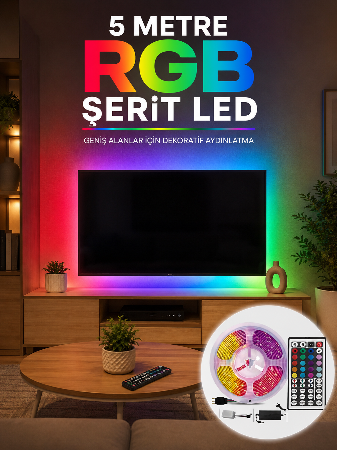 5 Metre RGB Şerit LED 5050 SMD Uzaktan Kumandalı Renkli Dekoratif LED Aydınlatma Seti - Lisinya